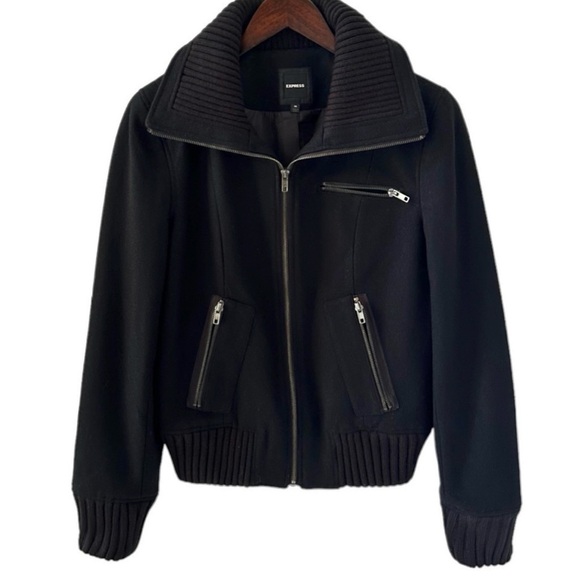 NEW Express Black Wide Collar Wool Blend Bomber Jacket Size Medium - Picture 5 of 10